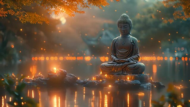 Buddha meditating among lotus flowers on water. Sparkling lights calm meditation landscape. Sparkling lights. Buddhism,buddhist monk statue religious video 4k beauty