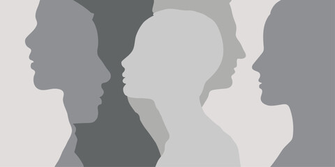 Cultural, ethnic and racial diversity of people. Mixed race, multiculturalism, intercultural communication concept. Abstract people profile silhouette - obrazy, fototapety, plakaty