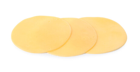 Slices of tasty fresh cheese isolated on white