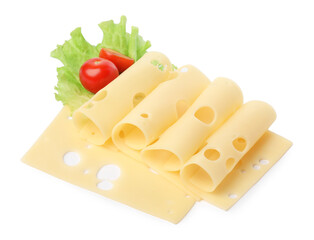 Slices of tasty fresh cheese, tomatoes and lettuce isolated on white