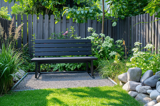 wooden bench in the backyard. minimalist backyard home with some garden and wooden bench
