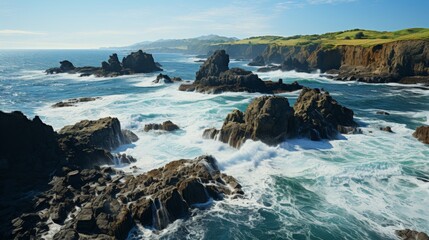 Fototapeta na wymiar Rugged coastal cliffs overlooking a serene ocean, waves crashing against the rocks, a display of nature's power and beauty, Photography, high vantage
