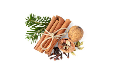 Different spices, nuts and fir branches on white background, top view