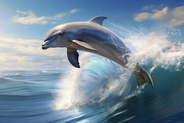 Fototapeta premium Dolphins leaping joyfully in the ocean, showcasing their playful nature and grace amidst the blue waves