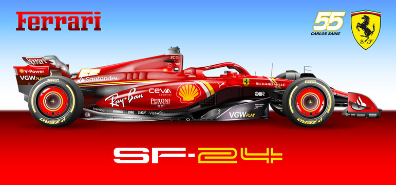Maranello, Modena, Italy, february 2024, Ferrari SF-24 formula 1, Carlos Sainz number 55, 2024 F1 world championship, illustration