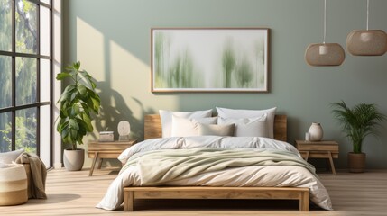 Fototapeta na wymiar Minimalist bedroom with a low bed, monochromatic bedding, and minimal decor, conveying the peaceful and uncluttered ambiance, Photorealistic, minimali