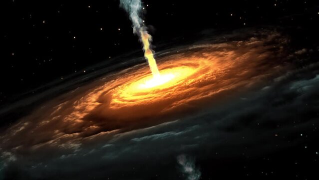 A jet of gas escapes from the center of a spiral galaxy. 3D animation. 4k. 3840x2160.