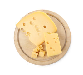 Cut fresh delicious cheese isolated on white, top view