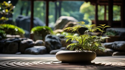 Zen garden in a monastery, neatly raked sand, stones, and minimalistic plants, creating a space for contemplation and inner peace, Photorealistic, Zen