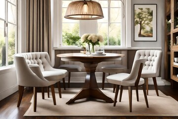 Create a cozy and intimate dining nook with a round table and upholstered chairs 