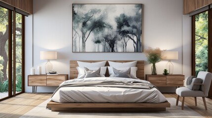 Minimalist bedroom with a monochromatic color scheme, clean lines, artwork on the walls, focusing on simplicity and style in bedroom design, Photoreal