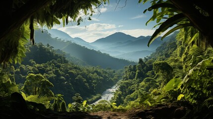 Wide panorama of a dense tropical rainforest, lush green canopy stretching to the horizon, symbolizing the richness and diversity of nature, Photoreal