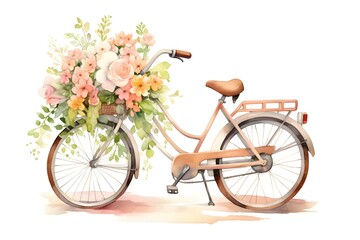 Fototapeta na wymiar Vintage bicycle adorned with colorful flowers captured in a beautiful watercolor style. Concept Vintage Bicycle, Colorful Flowers, Watercolor Style, Outdoor Setting