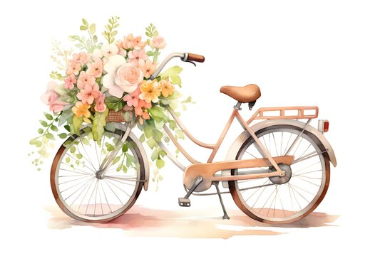 Vintage bicycle adorned with colorful flowers captured in a beautiful watercolor style. Concept Vintage Bicycle, Colorful Flowers, Watercolor Style, Outdoor Setting