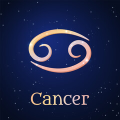 Cancer zodiac sign on dark blue starry sky. Cancer symbol. Astronomy, astrology, horoscope. Cosmos. Fourth zodiac sign - the ruler planet Moon. Element - Water. The Crab. Vector illustration