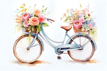 Fototapeta na wymiar Watercolor painting of a vintage bicycle embellished with vibrant flowers. Concept Watercolor Art, Vintage Bicycle, Vibrant Flowers, Painting Techniques, Color Blending