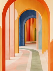 Abstract colorful pathway with arches illustration in a modern, minimalist style, using a warm spectrum from yellow to blue