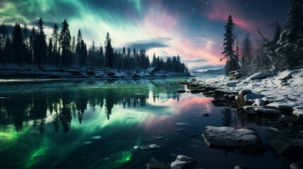 Northern lights (Aurora Borealis) over a frozen lake, reflections on the ice, pine trees in the foreground, capturing the ethereal beauty of polar ski - obrazy, fototapety, plakaty