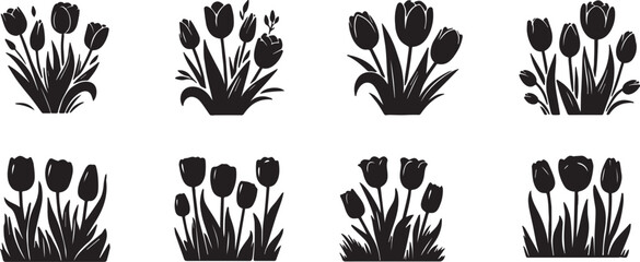 Tulips, black silhouette on a transparent background spring flowers vector set for stencil, engraving, printing - obrazy, fototapety, plakaty