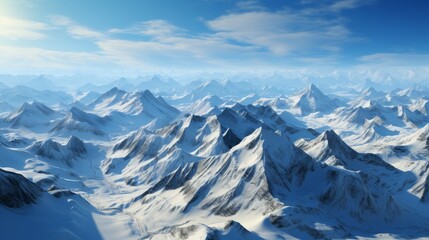 Fototapeta premium Snow-covered mountain range from the air, showcasing the majesty and isolation of the terrain, Photorealistic, aerial mountain photography, 85mm lens,