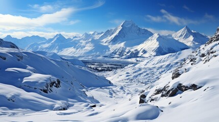 Fototapeta na wymiar Majestic snow-covered mountain range under a clear blue sky, sunlight glinting off the peaks, conveying the grandeur and serenity of winter mountains,
