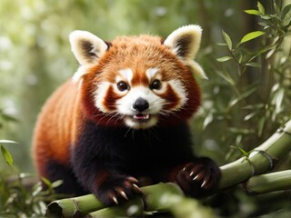 Red panda as it frolics among the branches of a bamboo forest