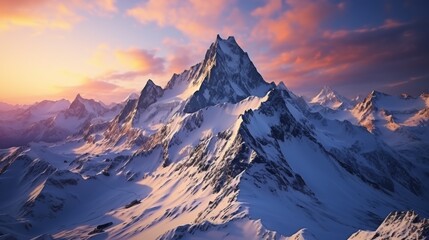 Panoramic view of a majestic mountain range at sunrise, peaks covered in snow, alpenglow on the mountaintops, conveying the grandeur of high-altitude