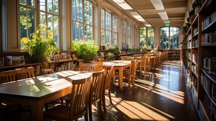 Quiet college library, rows of bookshelves and study tables, focused ambiance, windows showing campus outside, capturing the academic spirit of higher