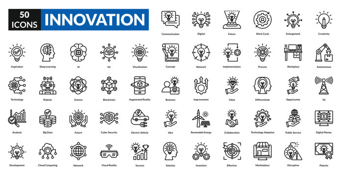 Innovation linear icon collection set. includes innovation, concept, technology, business, idea, digital, information, solution, network, future, industry