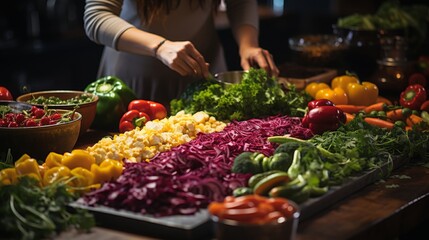 Vegan meal preparation, hands chopping vegetables, variety of colorful produce and spices, conveying the process and creativity in vegan cooking, Phot