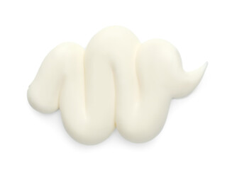 Tasty fresh mayonnaise sauce isolated on white, top view