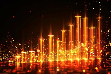Glowing financial graph with rising golden bars and energetic sparks, growth, success and dynamic market activity in the financial sector. Dynamic Financial Progress, Prosperous Market Surge