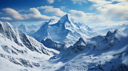 Fototapeta na wymiar Snow-covered mountain range from the air, peaks and valleys highlighted, conveying the majesty and isolation of mountainous terrain, Photorealistic, d