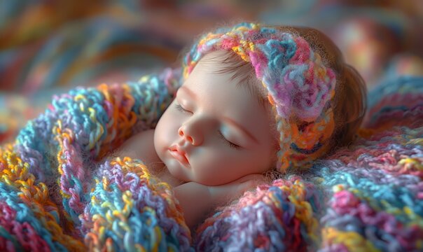 A small child sleeps in a knitted blanket.