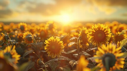 A field of sunflowers stretching towards the sun on a sunny day