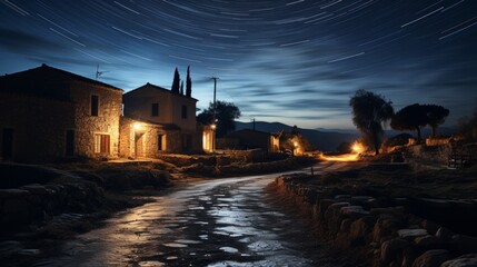 Night in a secluded village, starry sky above, houses dimly lit, a sense of solitude and calm, Photography, astrophotography techniques, long exposure - obrazy, fototapety, plakaty