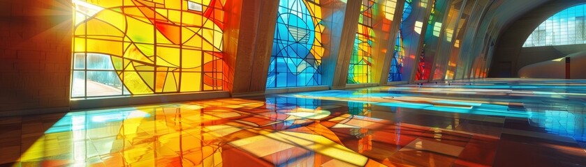 Abstract stained glass design in a modern sanctuary sunlight kaleidoscope