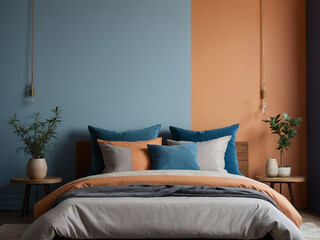 Bed against pastel orange and blue wall with copy space. Minimalist interior design of modern bedroom.