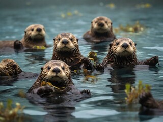 Playful sea otters floating on their backs in a tranquil kelp forest