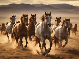 Wild horses galloping across the open plains
