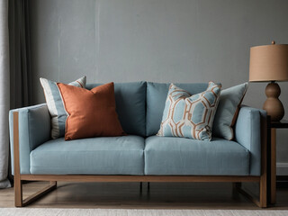 Close up of fabric sofa with Light blue and terra cotta pillows. Minimal home interior design of modern living room.