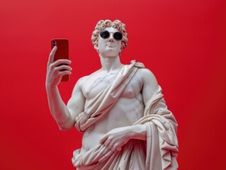 greek god statue smiling, holding iphone 14 pro, wearing cool sunglasses, isolated red background
