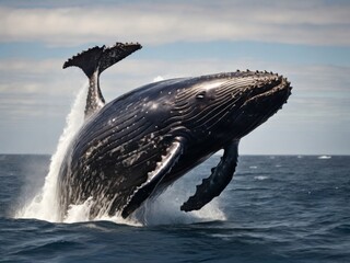 Fototapeta premium Majestic humpback whale breaching the surface of the ocean