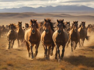 Fototapeta premium Wild horses galloping across the open plains