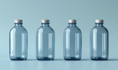 Empty transparent bottles with caps on a blue background.