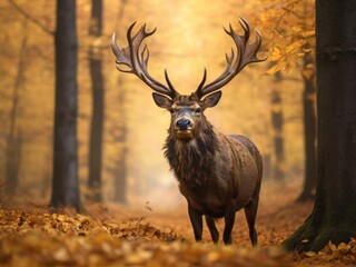 Majestic stag standing regally among the golden leaves of an autumnal forest