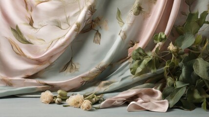 Silk fabric background layered with botanical elements