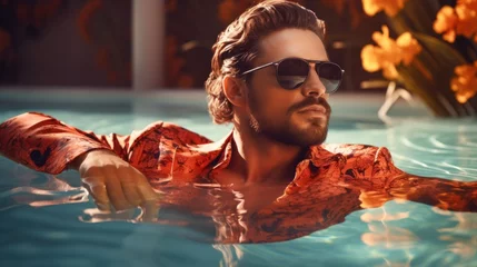 Poster Close-up of a rich businessman, a handsome man wearing a colorful shirt and sunglasses relaxing in the resort pool on a sunny summer day. © liliyabatyrova