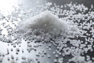 Heap of natural salt on black table, closeup