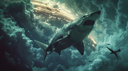 flying shark, flying shark in sea of clouds, sky background.